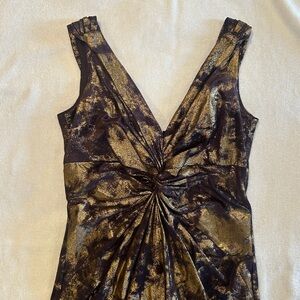 Maggy London Gold and Brown Metallic V Neck Cocktail Dress